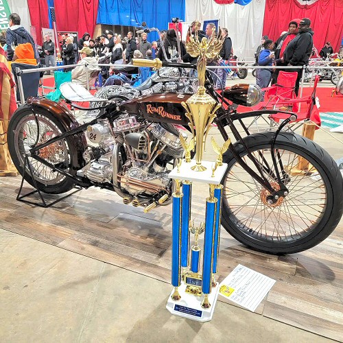 1st Place, Panhead Class, at the Timonium International Motorcycle Show MD with our Custom Bobber Board Track Racer Build "Rum Runner".